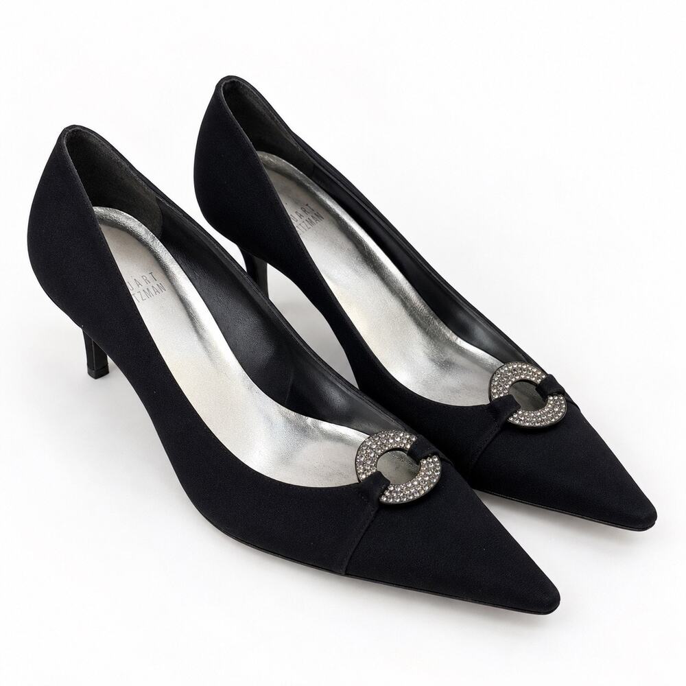 Stuart Weitzman Black Satin Crystal Buckle Pointed Toe Heels Pumps 8.5 M